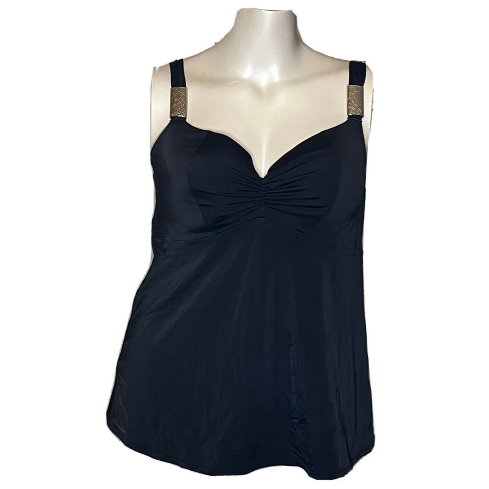 LANE BRYANT 40DD Black Tankini Swim Top Built In Bra Silver Accent Plus Size